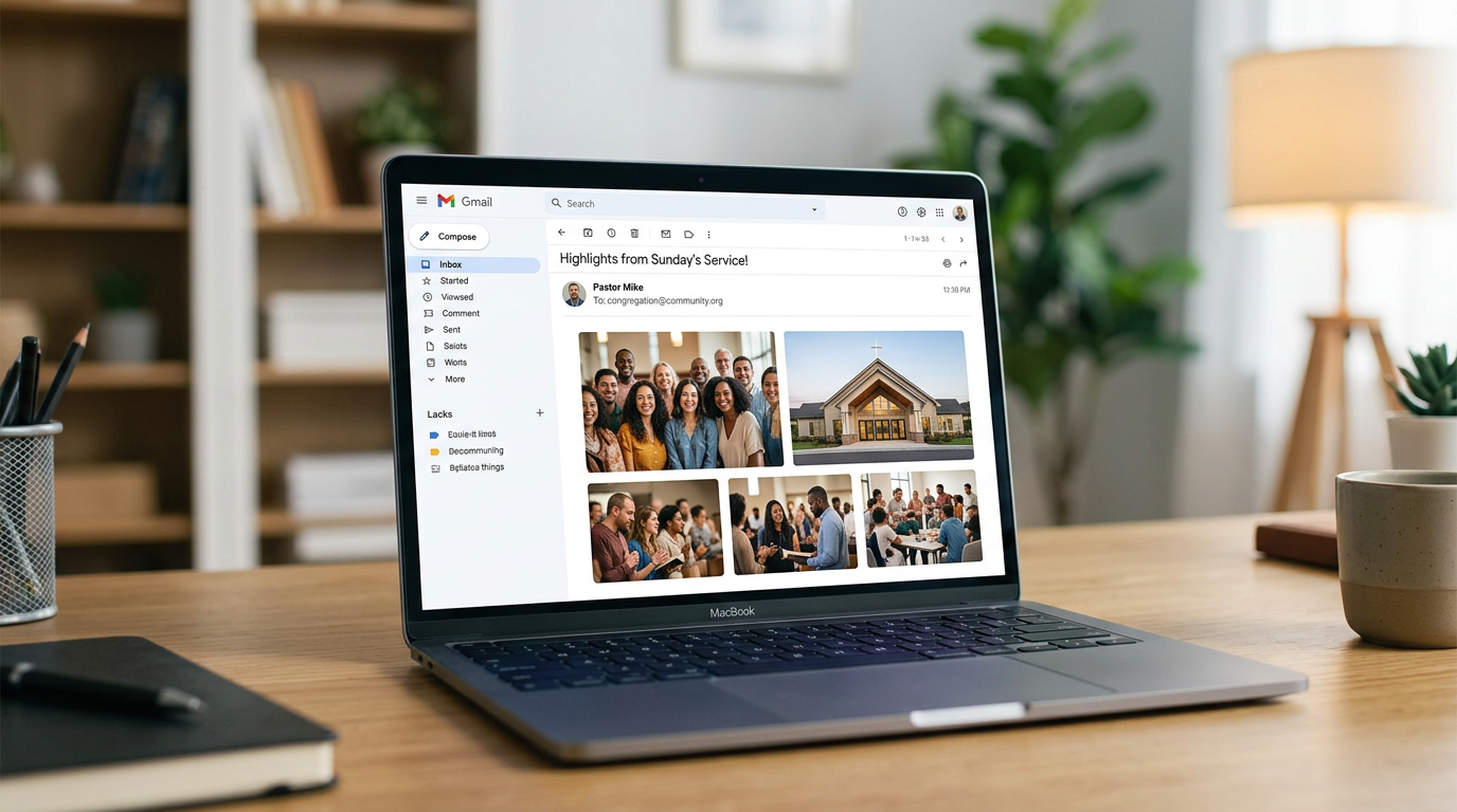 Email inbox showing five polished AI-enhanced church photos
